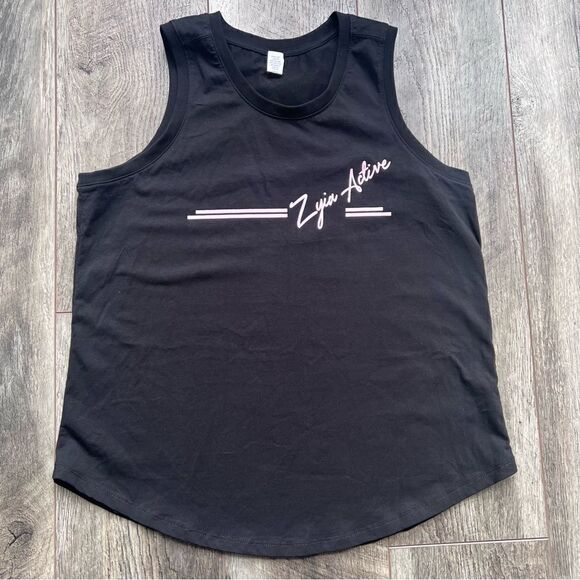 Zyia Active Tank Top Black Sleeveless Muscle Tee Size Medium Pink Logo - Picture 4 of 10